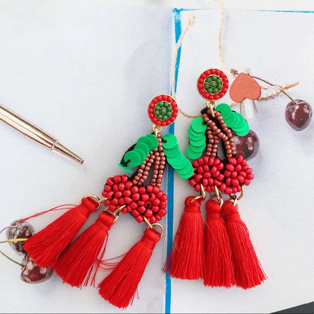 CHERRY BEADED TASSEL EARRINGS